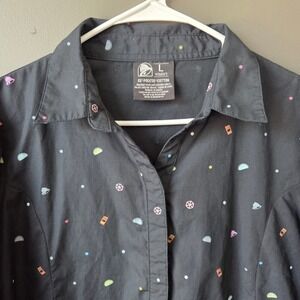 Taco‎ Bell Womens Large Black All Over Print Button Down Shirt Long Sleeve Retro